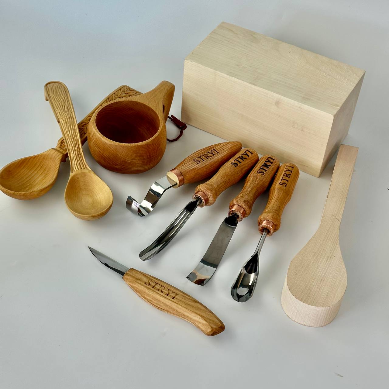 Spoon carving toolset 5pcs STRYI Profi in wooden gift box, Kuksa gouges, Bowl carving, Gift ready