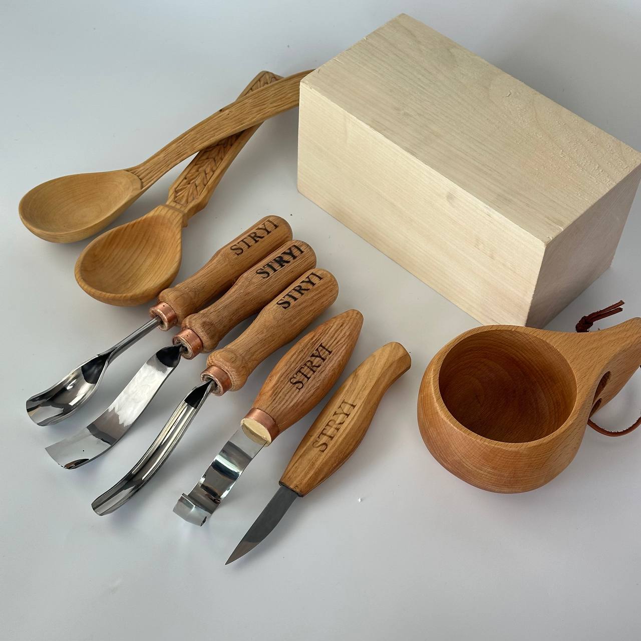 Spoon carving toolset 5pcs STRYI Profi in wooden gift box, Kuksa gouges, Bowl carving, Gift ready