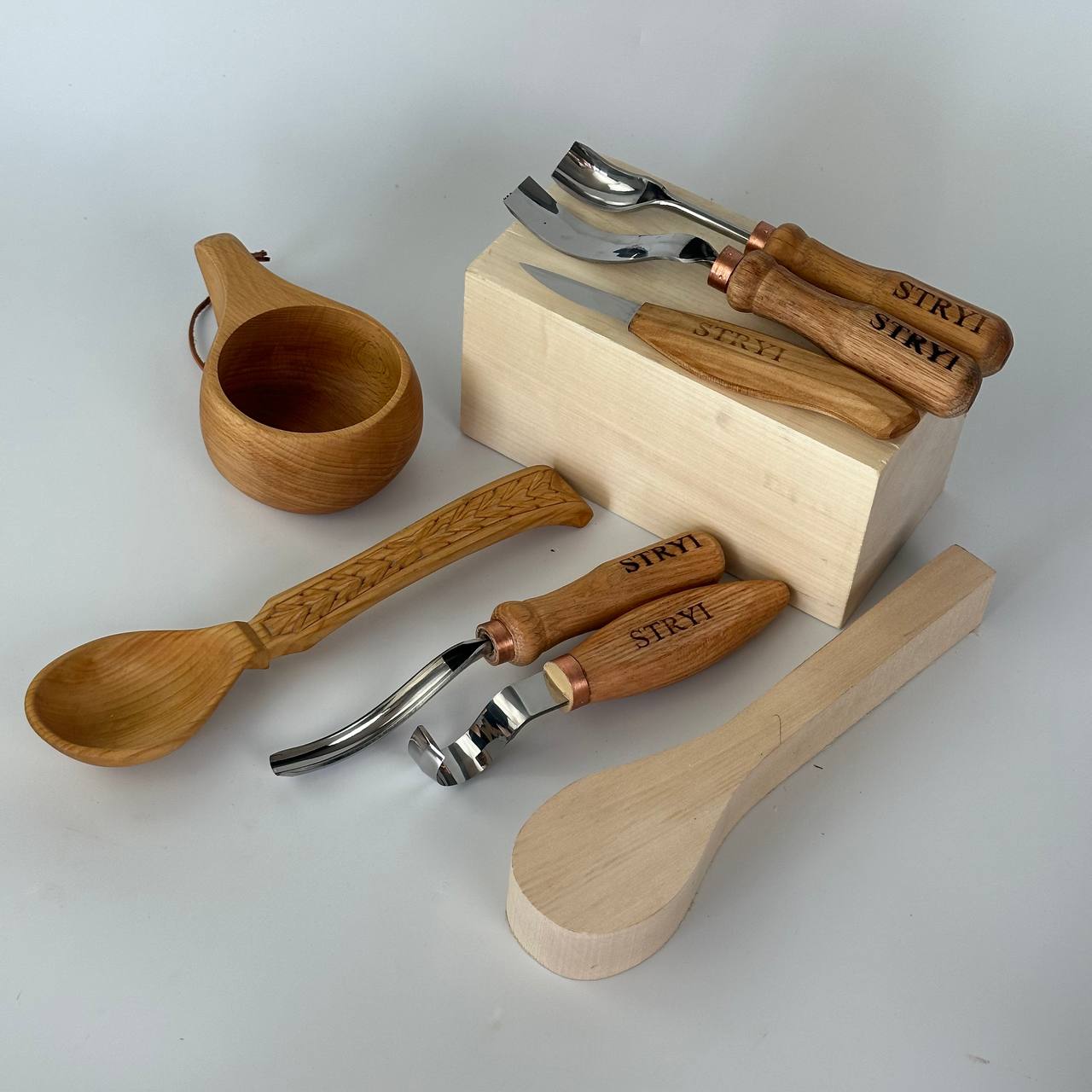 Spoon carving toolset 5pcs STRYI Profi in wooden gift box, Kuksa gouges, Bowl carving, Gift ready