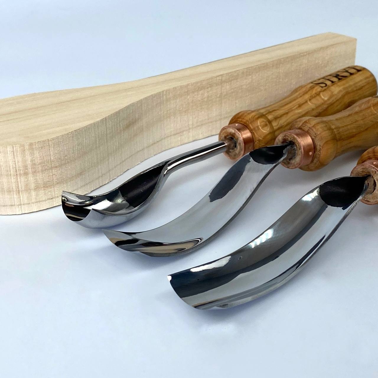 Set of 3 Bent Gouges STRYI Profi for Spoon &Bowl Carving