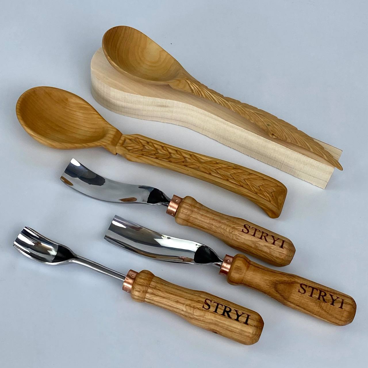 Set of 3 Bent Gouges STRYI Profi for Spoon &Bowl Carving