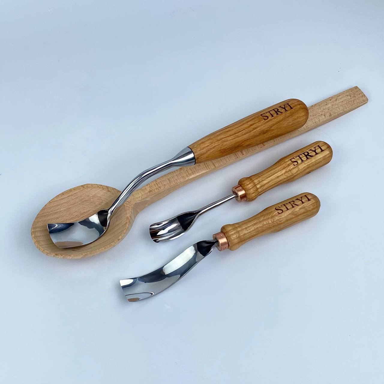 Set of 3 Bent Gouges STRYI Profi for Spoon &Bowl Carving