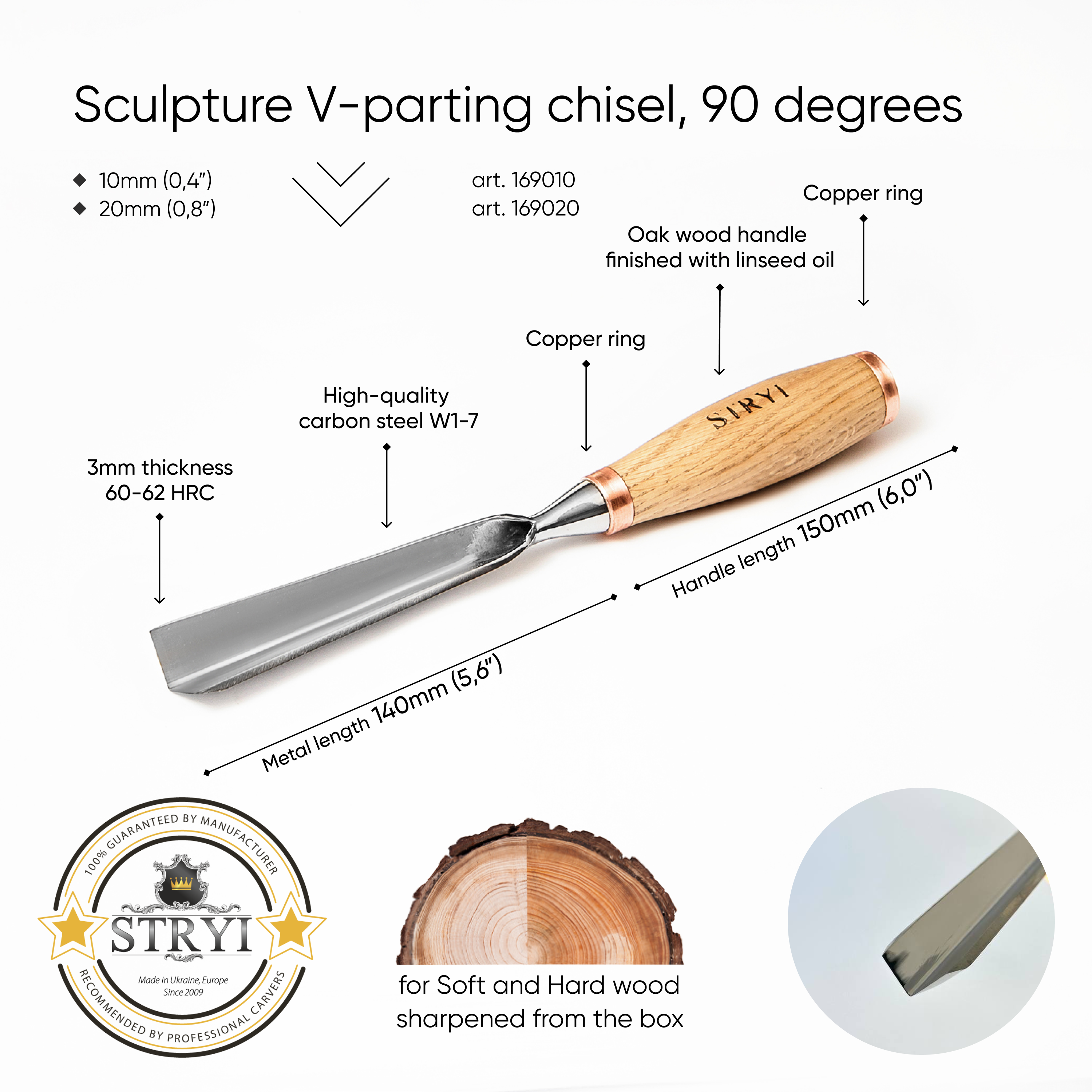 Large sculpture chisel, V-tool 90 degrees, Heavy-duty gouge STRYI Profi, V-parting chisel, Carpentry tool, Making furniture