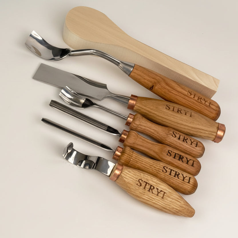 Completed toolset STRYI Profi for spoon and kuksa carving, Forged tools