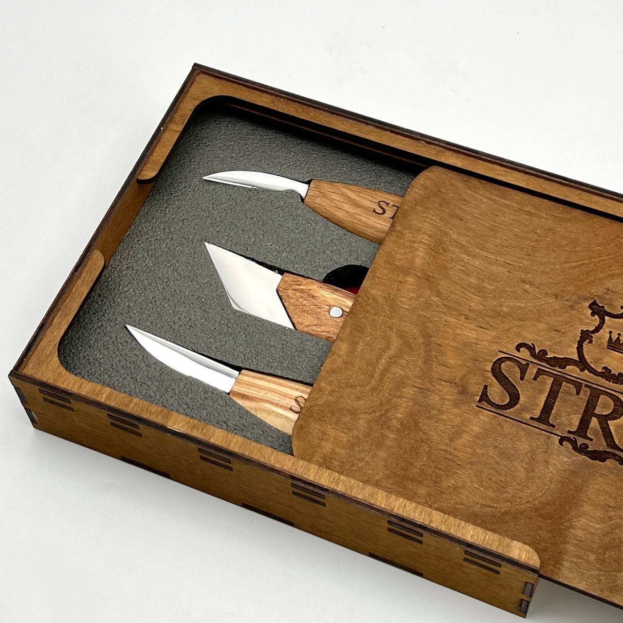 Wood Carving Knives set of 3pcs STRYI Profi in Storage Wooden Box