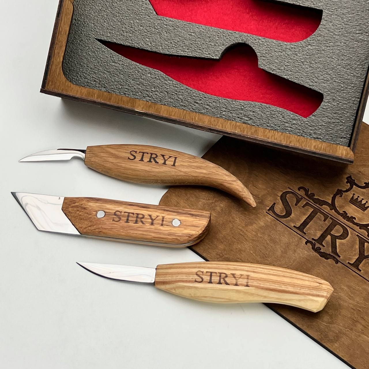 Wood Carving Knives set of 3pcs STRYI Profi in Storage Wooden Box