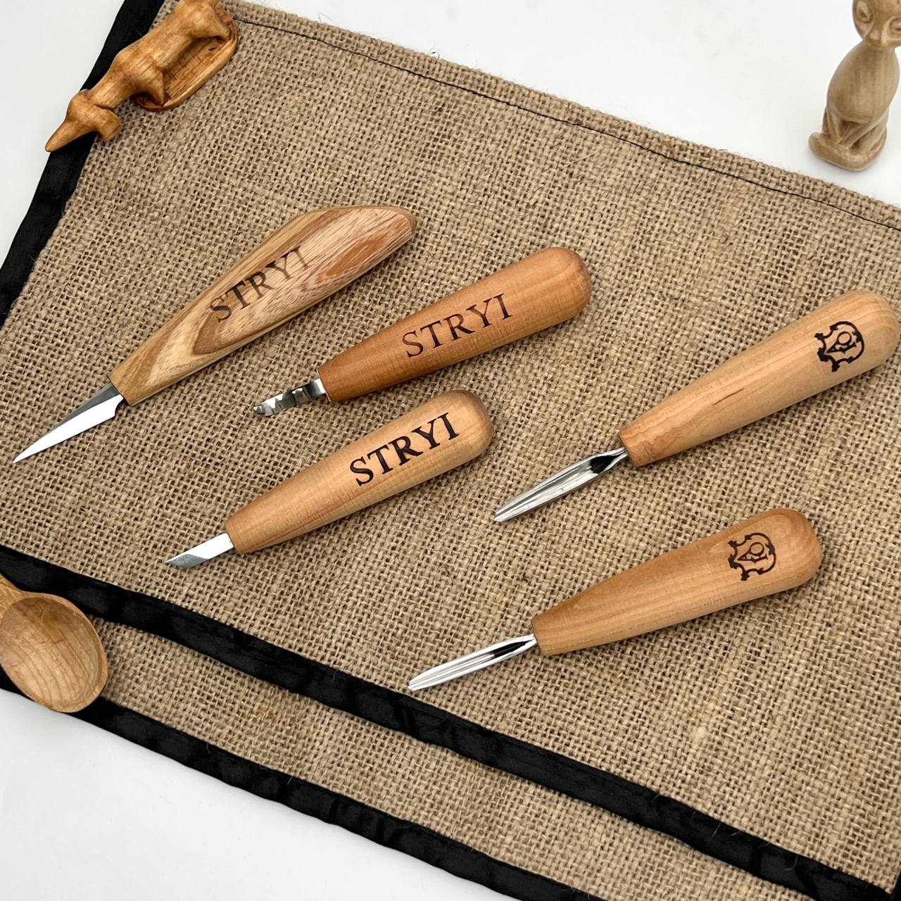Wood carving kit of tiny sized chisels STRYI Profi, Whittling figurines, Knives set