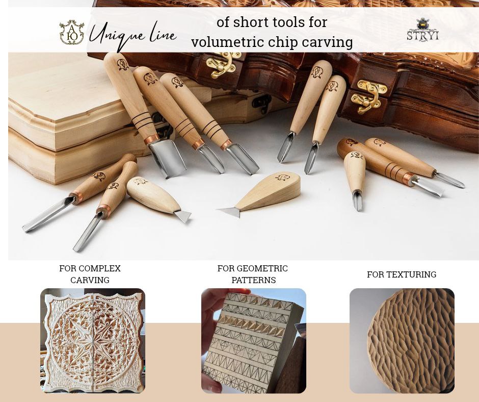 Chip carving kit for modern chip carving in a genuine leather roll-case, Basic carving set