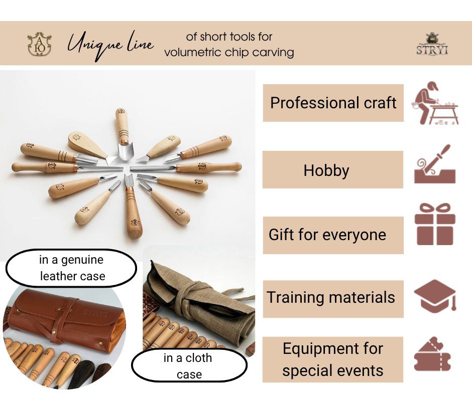 Chip carving kit for modern chip carving in a genuine leather roll-case, Basic carving set