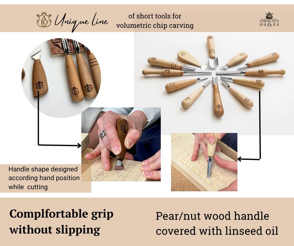 Chip carving kit for modern chip carving in a genuine leather roll-case, Basic carving set