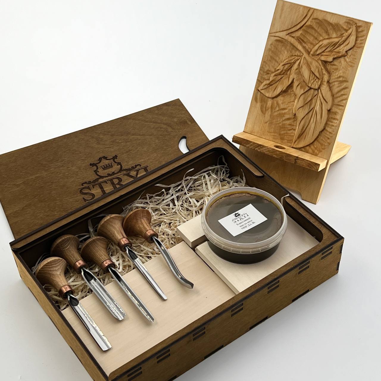 Palm carving set STRYI Profi, 5pcs, Toolset for Linocuttting, Relief carving, DIY phone stand