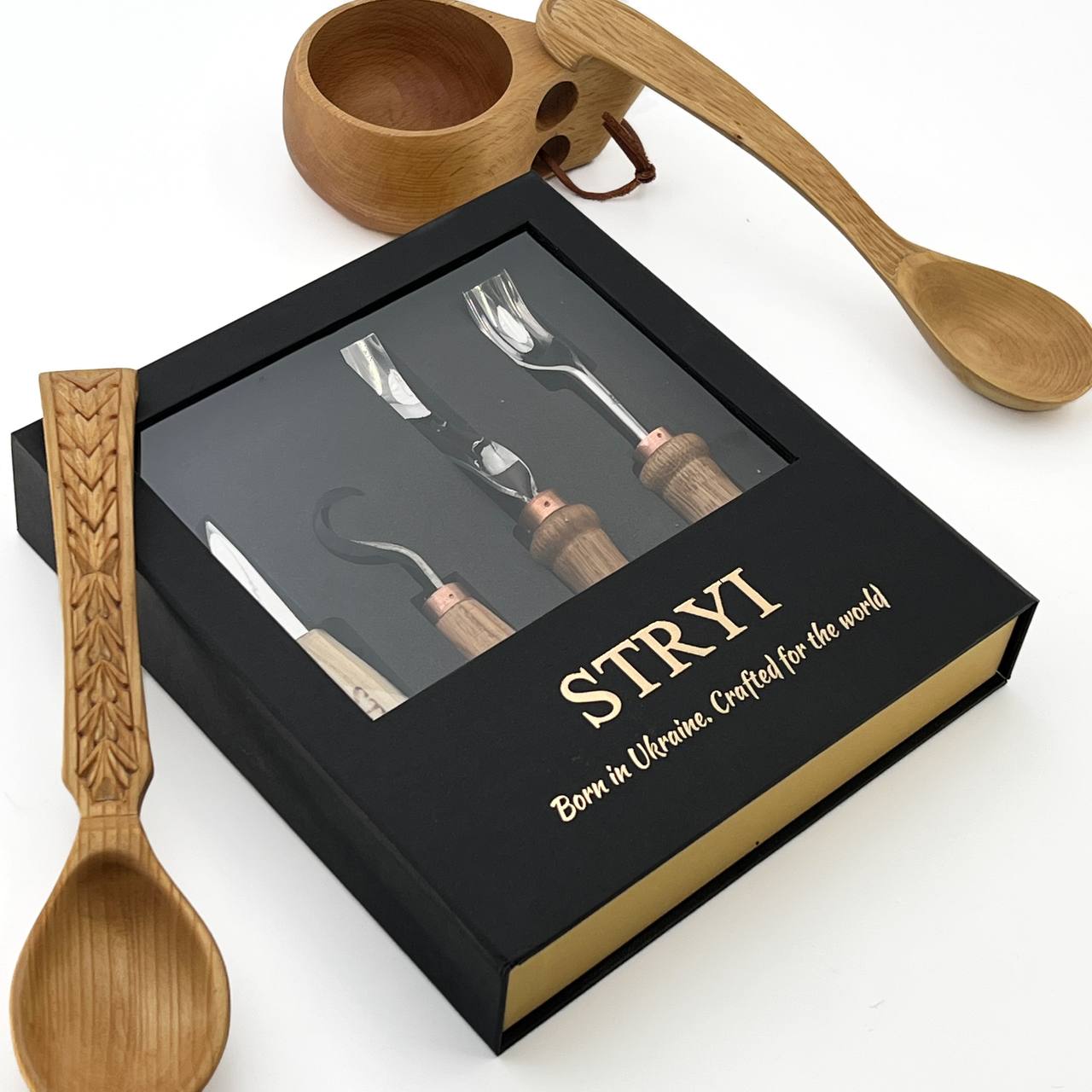 Bowl & Spoon Carving Kit: 4pc Set for Kuksa, Bowls & Spoons, Ready-to-Gift 5pcs STRYI Profi in deluxe gift box
