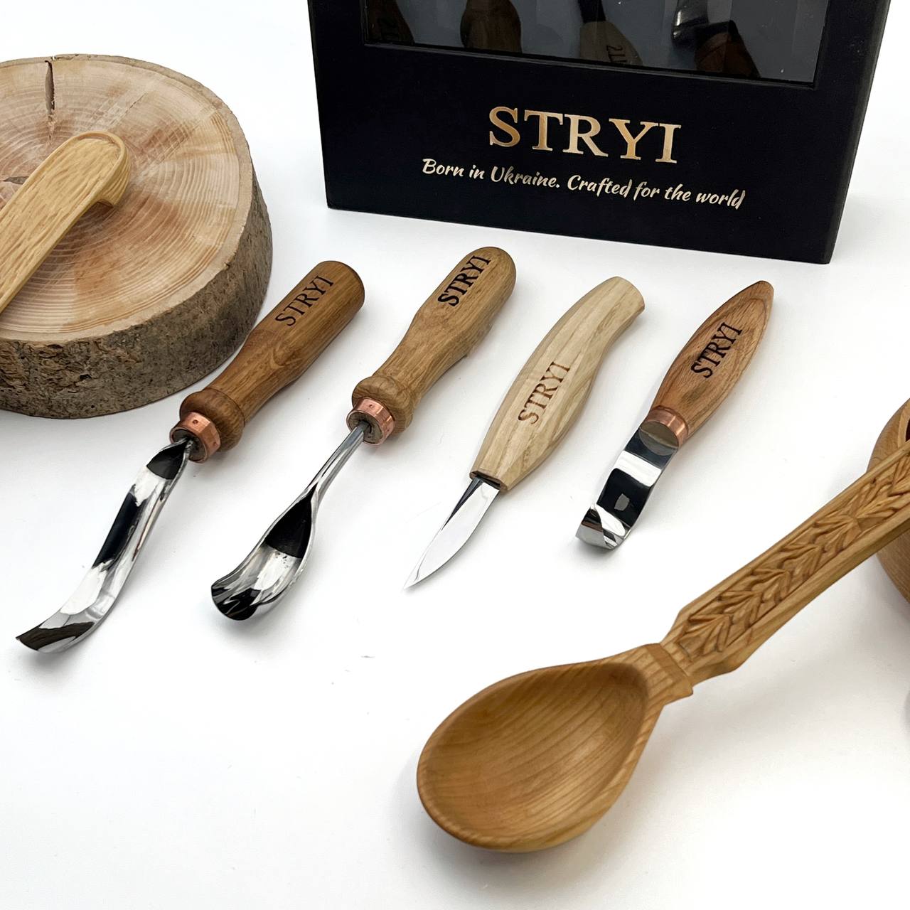 Bowl & Spoon Carving Kit: 4pc Set for Kuksa, Bowls & Spoons, Ready-to-Gift 5pcs STRYI Profi in deluxe gift box