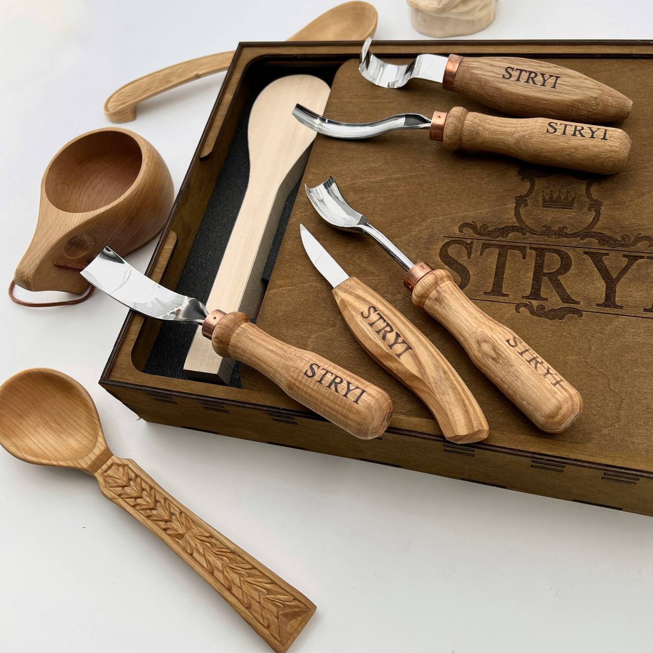Spoon carving toolset 5pcs STRYI Profi in wooden gift box, Kuksa gouges, Bowl carving, Gift ready