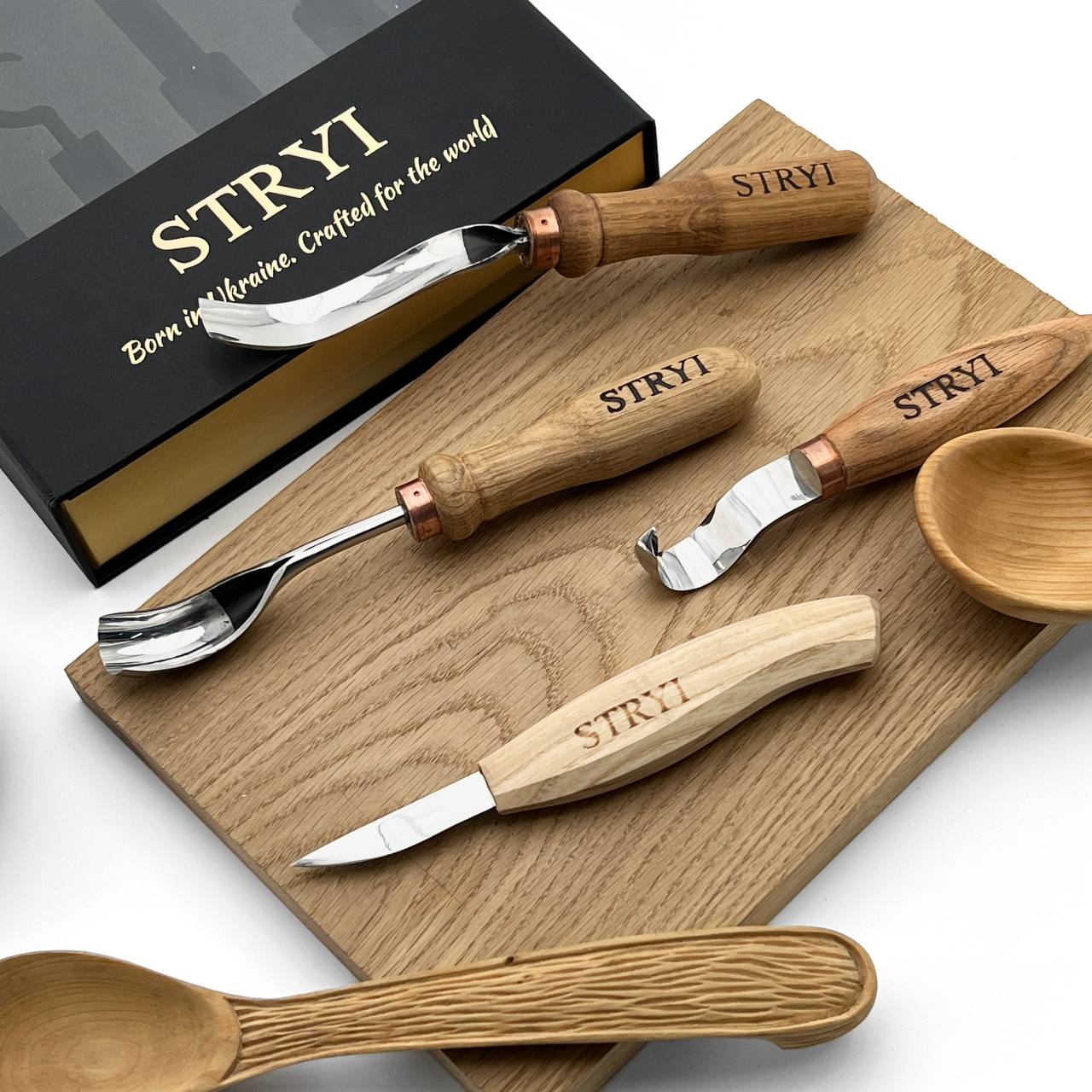 Bowl & Spoon Carving Kit: 4pc Set for Kuksa, Bowls & Spoons, Ready-to-Gift 5pcs STRYI Profi in deluxe gift box