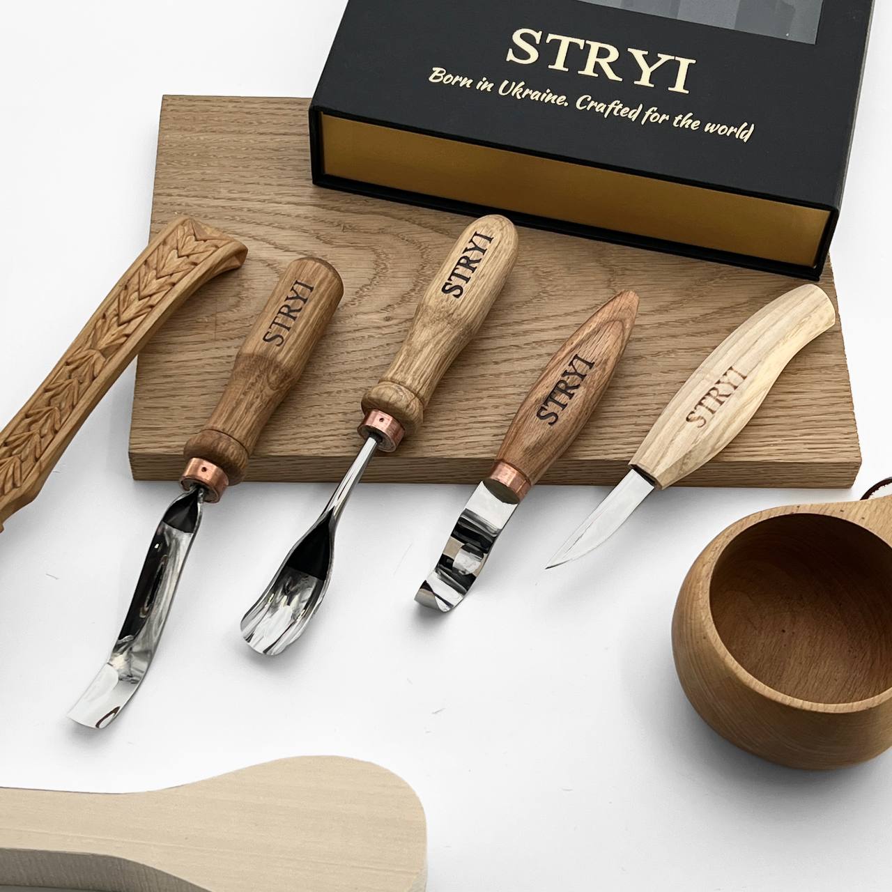 Bowl & Spoon Carving Kit: 4pc Set for Kuksa, Bowls & Spoons, Ready-to-Gift 5pcs STRYI Profi in deluxe gift box