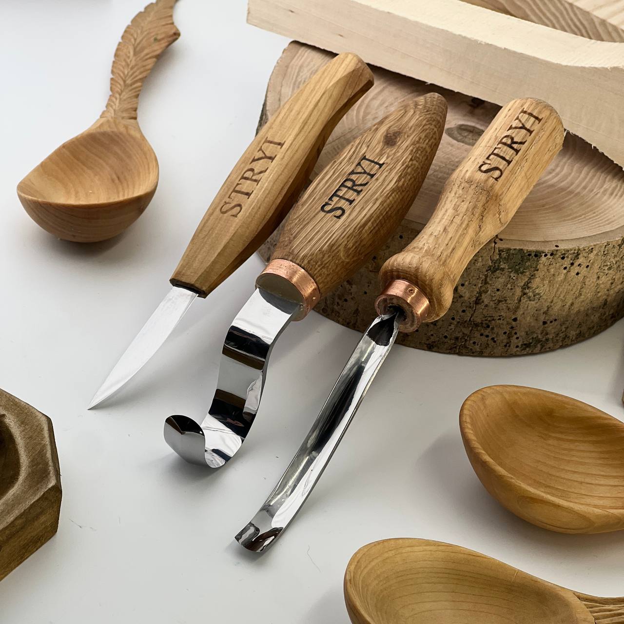 Spoon carving kit, Wood carving kit 3 pcs STRYI Profi, Carving tools, Hook knife, Spoon making