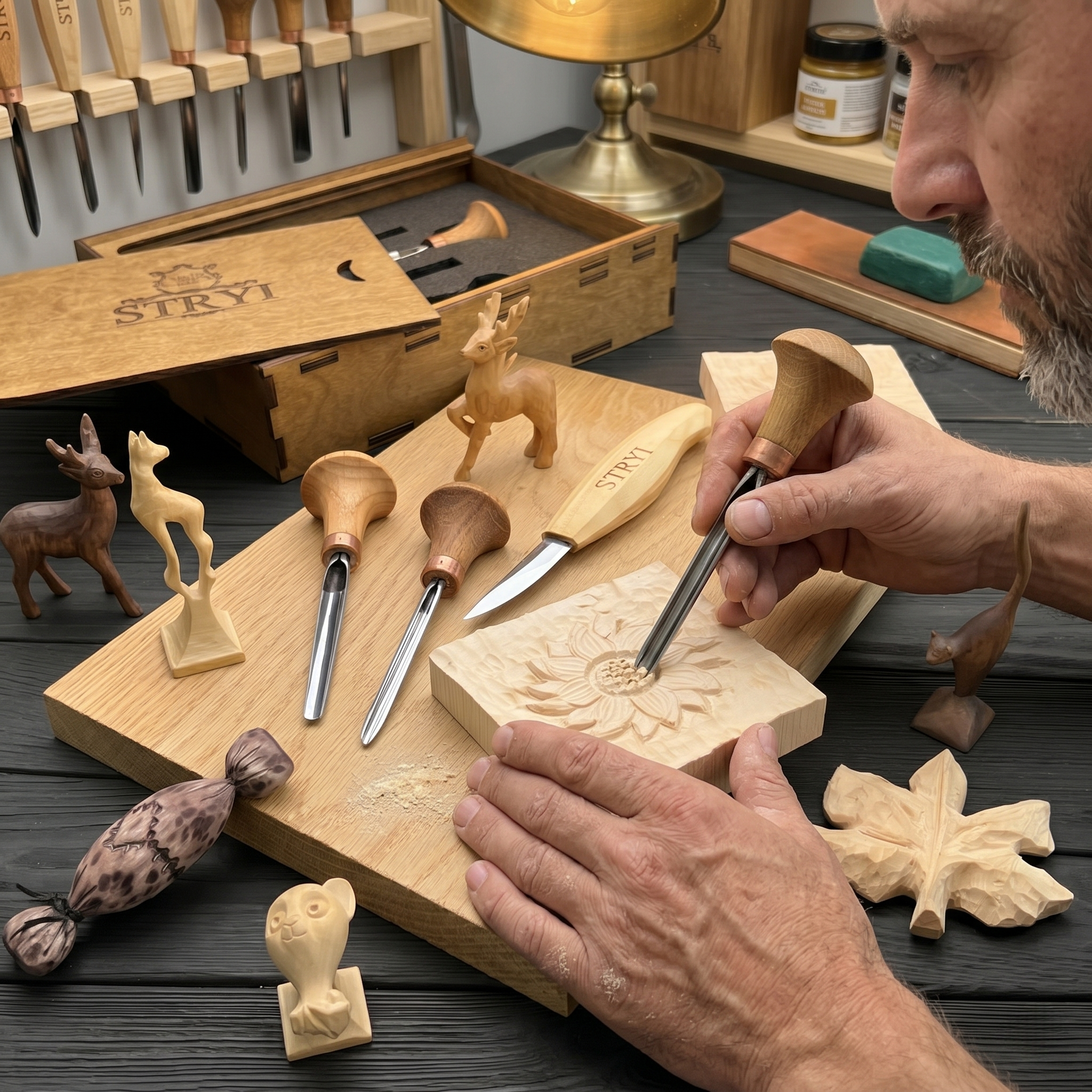 Grundlegendes Holzschnitzfiguren-Werkzeugset, 4-teiliges STRYI-Holzschnitzwerkzeug, Schnitzset, Set zum Schnitzen von Figuren