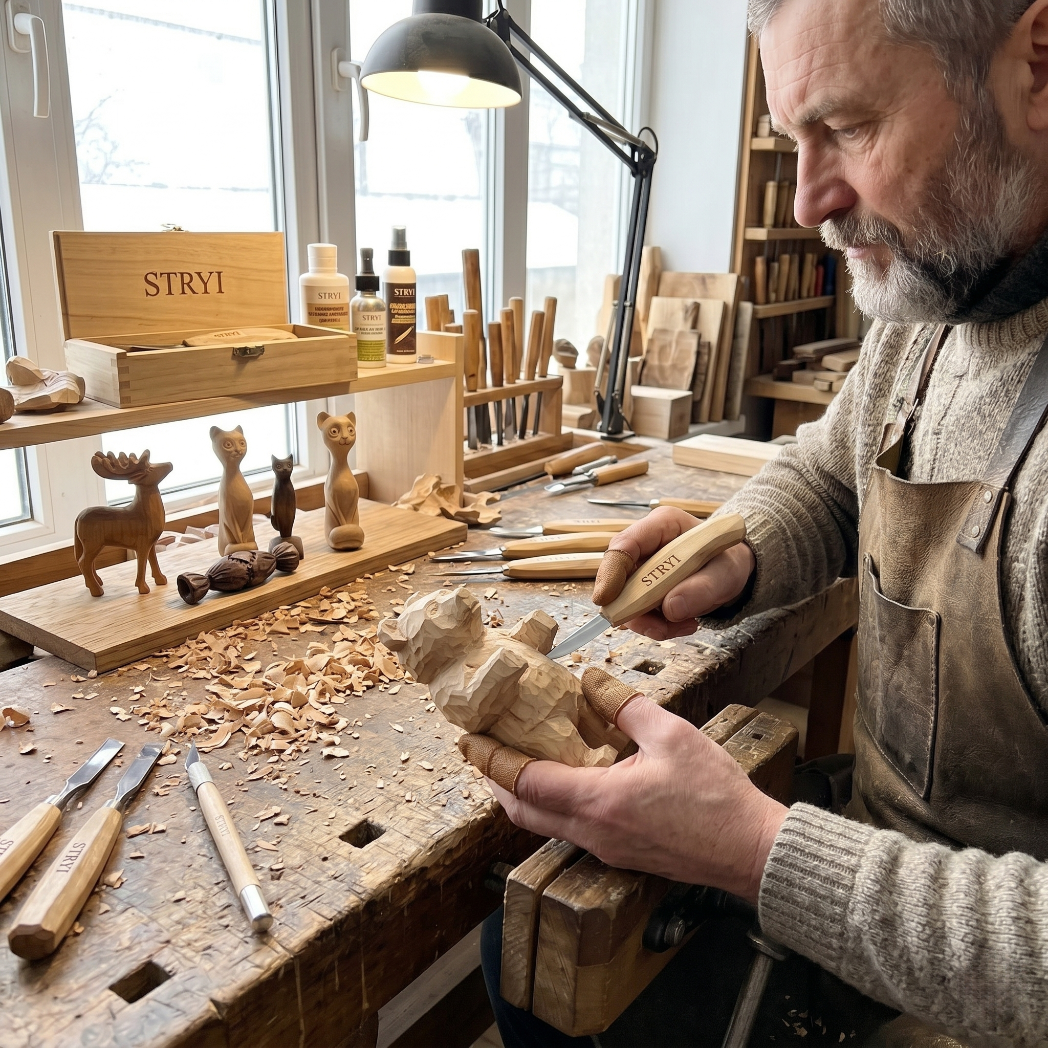 Grundlegendes Holzschnitzfiguren-Werkzeugset, 4-teiliges STRYI-Holzschnitzwerkzeug, Schnitzset, Set zum Schnitzen von Figuren