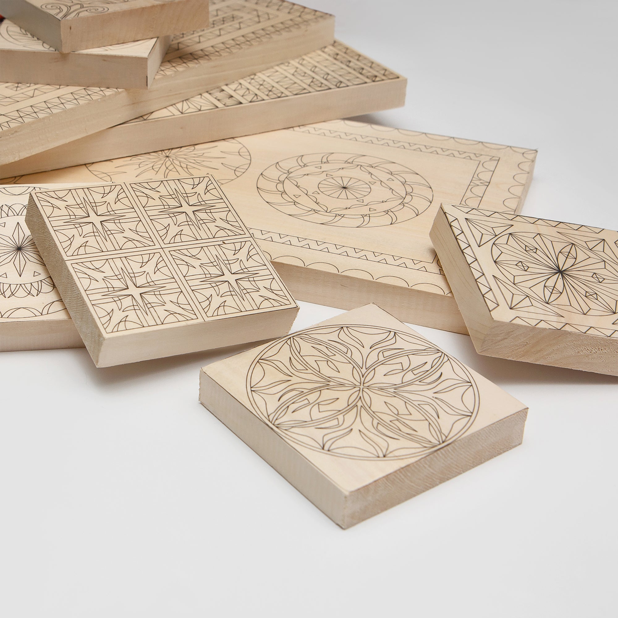 Basswood blanks set, 9pcs, printed with carving patterns