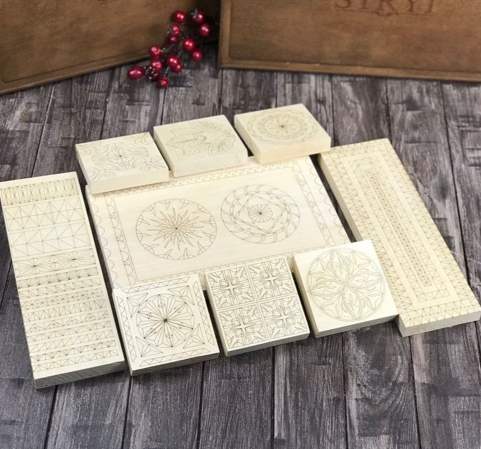 Basswood blanks set, 9pcs, printed with carving patterns