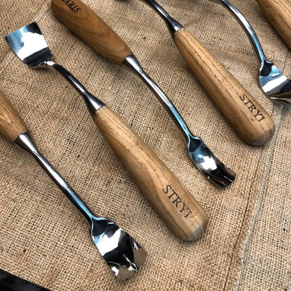 Large bent chisel for kuksa spoon cutting, STRYI Profi, Chisel for bowl, spoon, kuksa, cup, Tool for deep carving, Forged steel tool, STRYI bent gouge