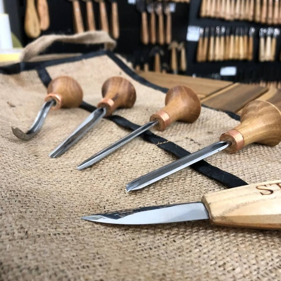 Schnitzwerkzeug-Set 5-tlg. im Rollkoffer STRYI, Schnitzfiguren