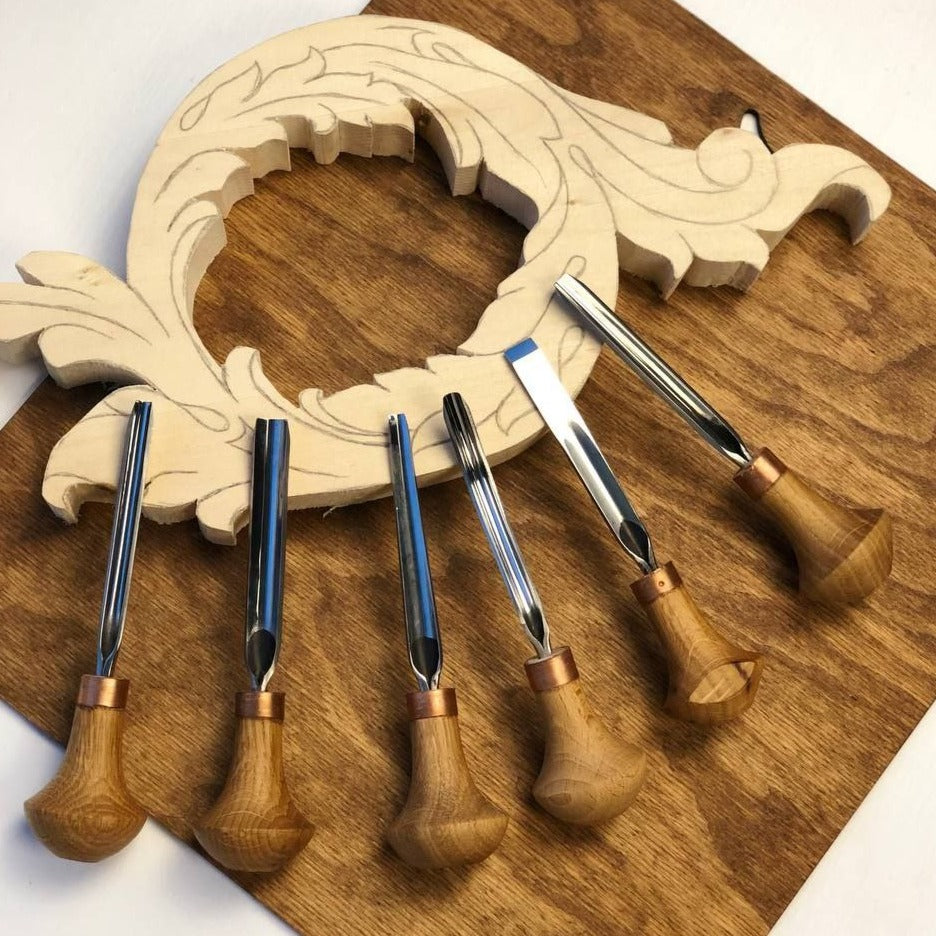 Juego detallado de tallado en relieve de 6 herramientas de palma STRYI Profi, juego de herramientas para tallar y tallar figuras en lino