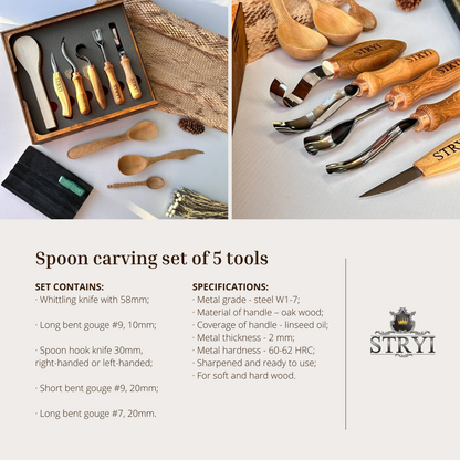 Spoon carving toolset 5pcs STRYI Profi in wooden gift box, Kuksa gouges, Bowl carving, Gift ready