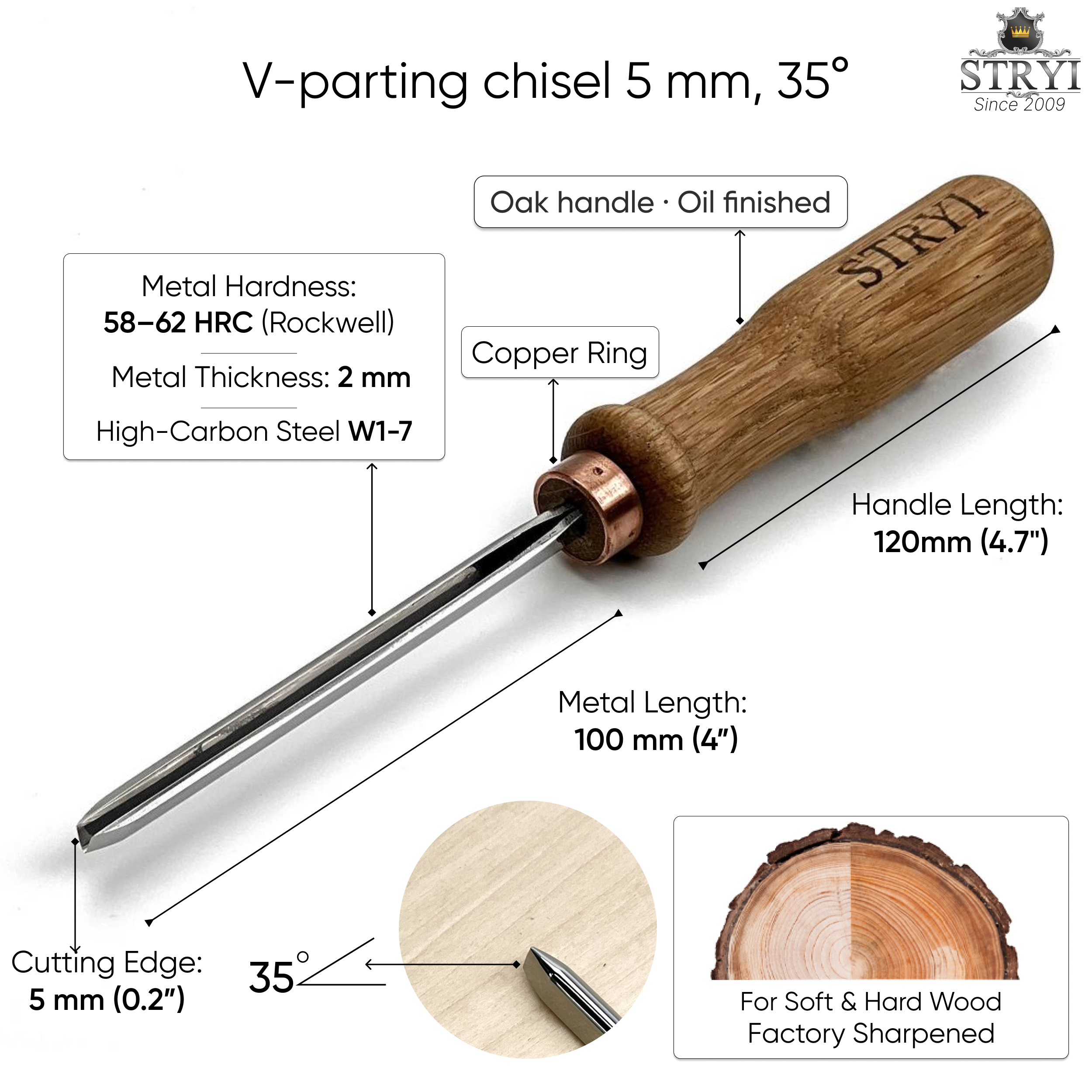 Gesimsbeitel 35 Grad STRYI Profi, Holzschnitzwerkzeuge, Beitel