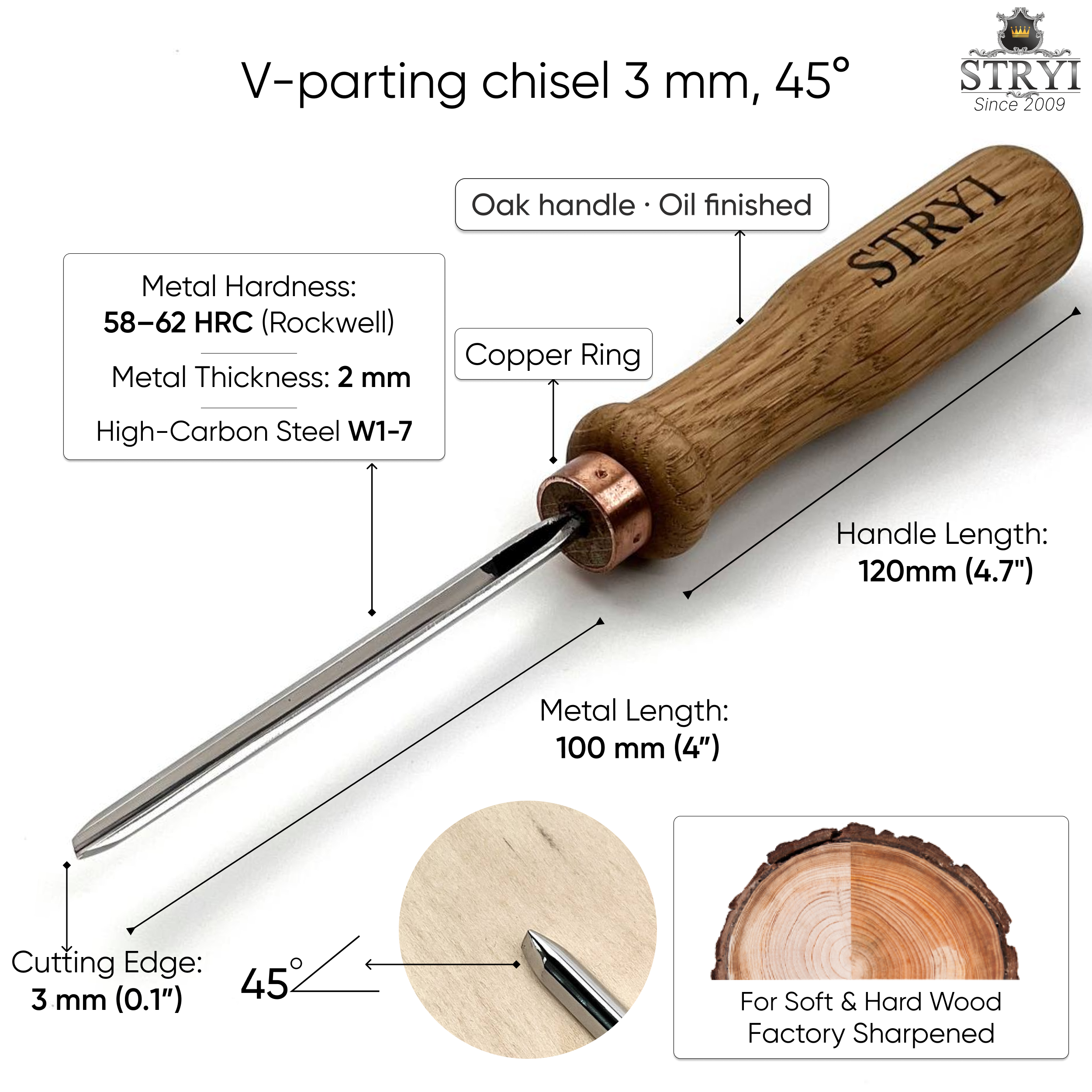 Geißel 45 Grad, Schnitzeisen STRYI Profi, Schnitzwerkzeuge, Geißel