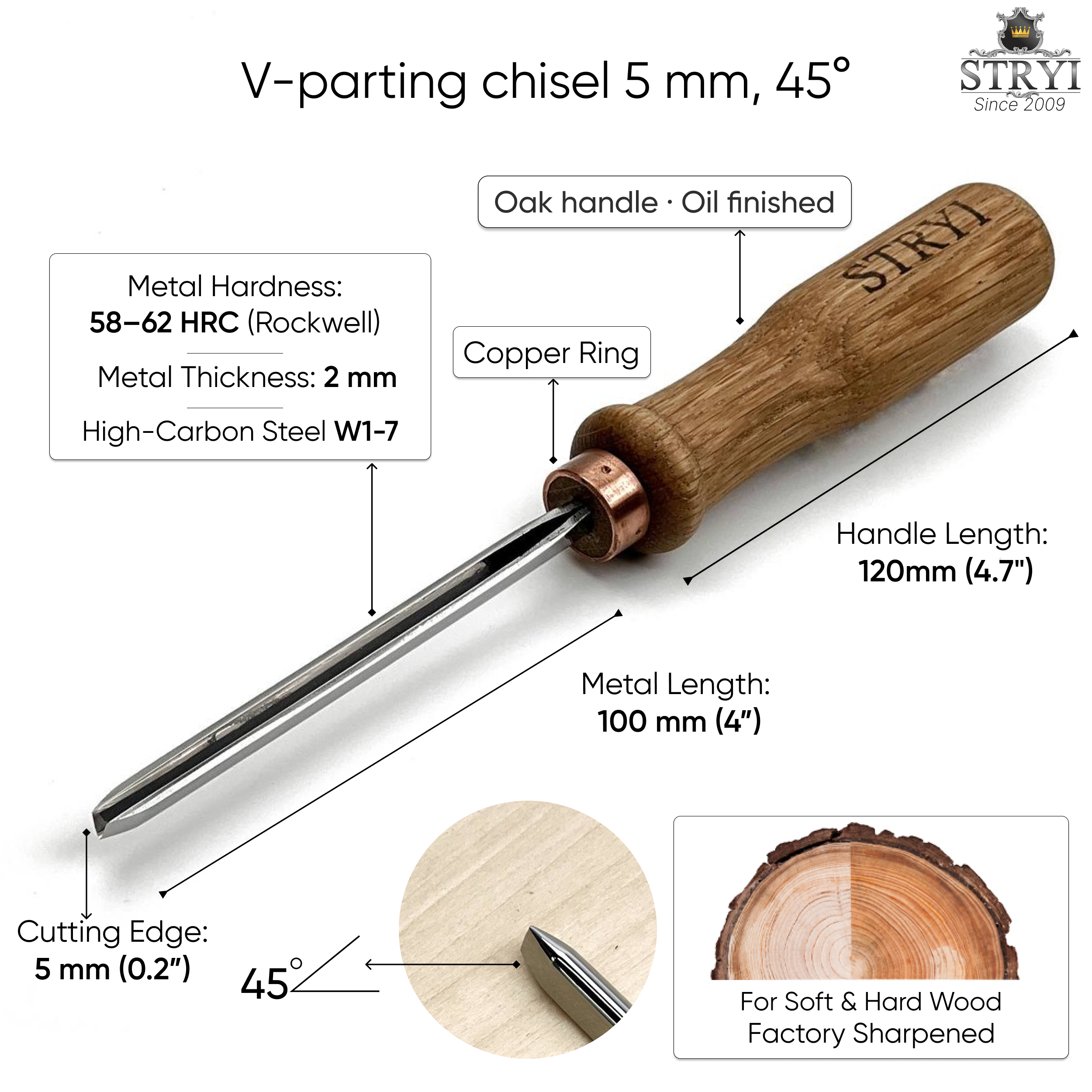 Geißel 45 Grad, Schnitzeisen STRYI Profi, Schnitzwerkzeuge, Geißel