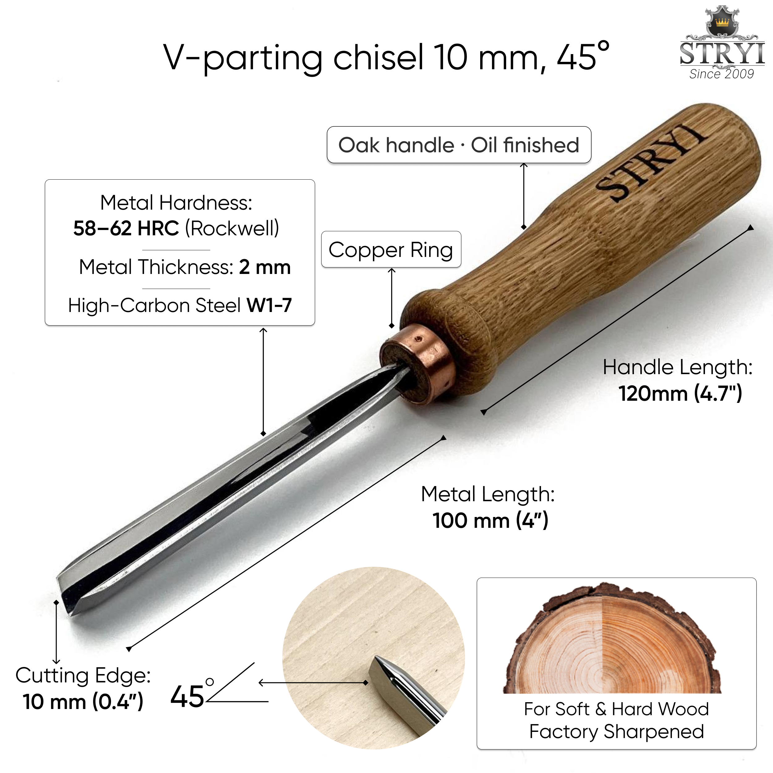 Geißel 45 Grad, Schnitzeisen STRYI Profi, Schnitzwerkzeuge, Geißel