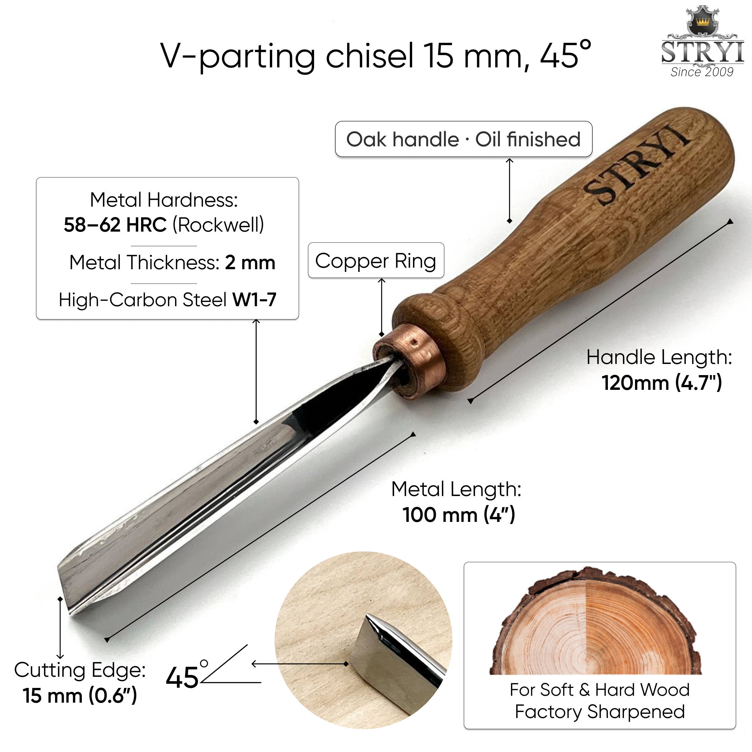 Geißel 45 Grad, Schnitzeisen STRYI Profi, Schnitzwerkzeuge, Geißel