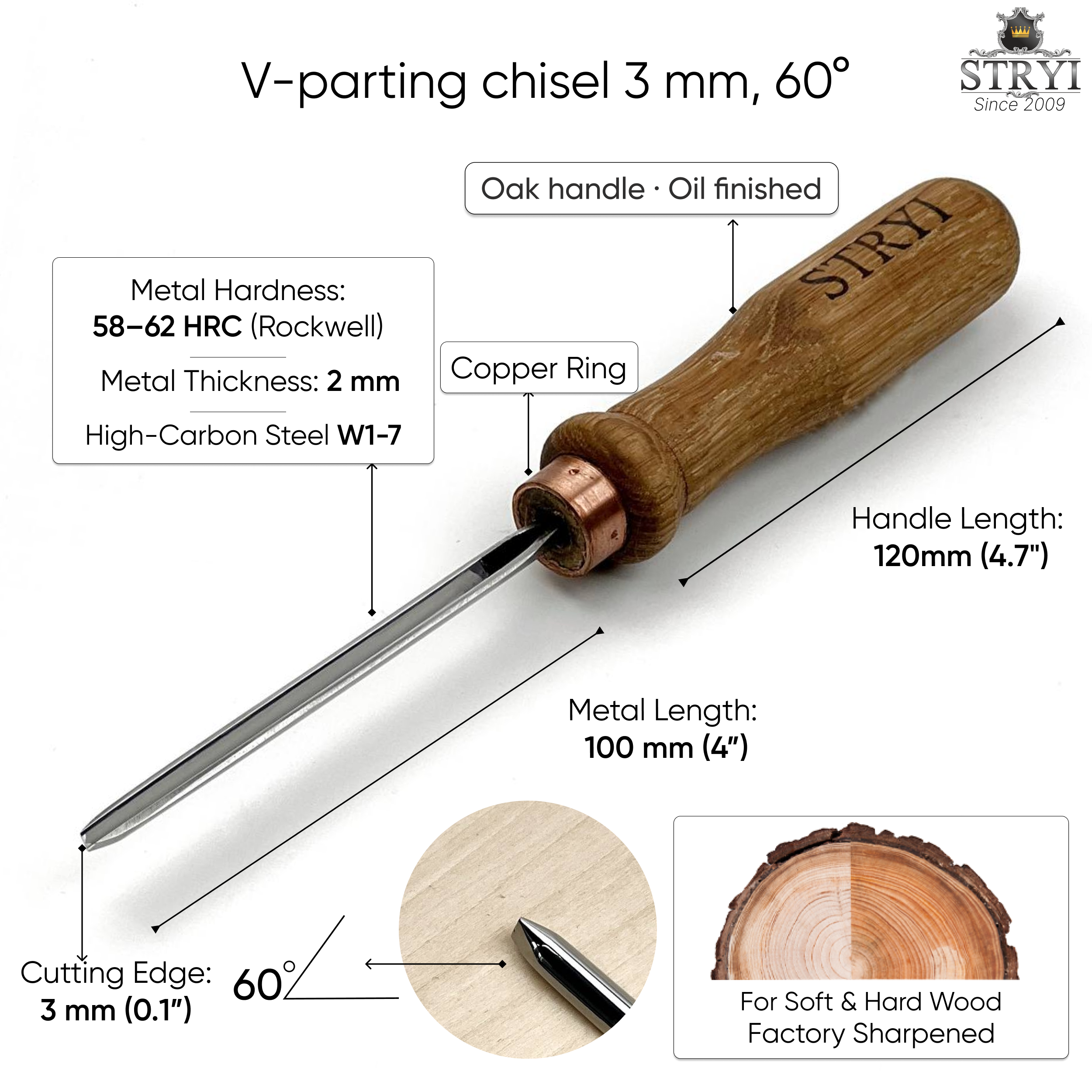 Geißbeitel 60 Grad, Bildhauereisen STRYI Profi, Geißwerkzeuge, Eckbeitel