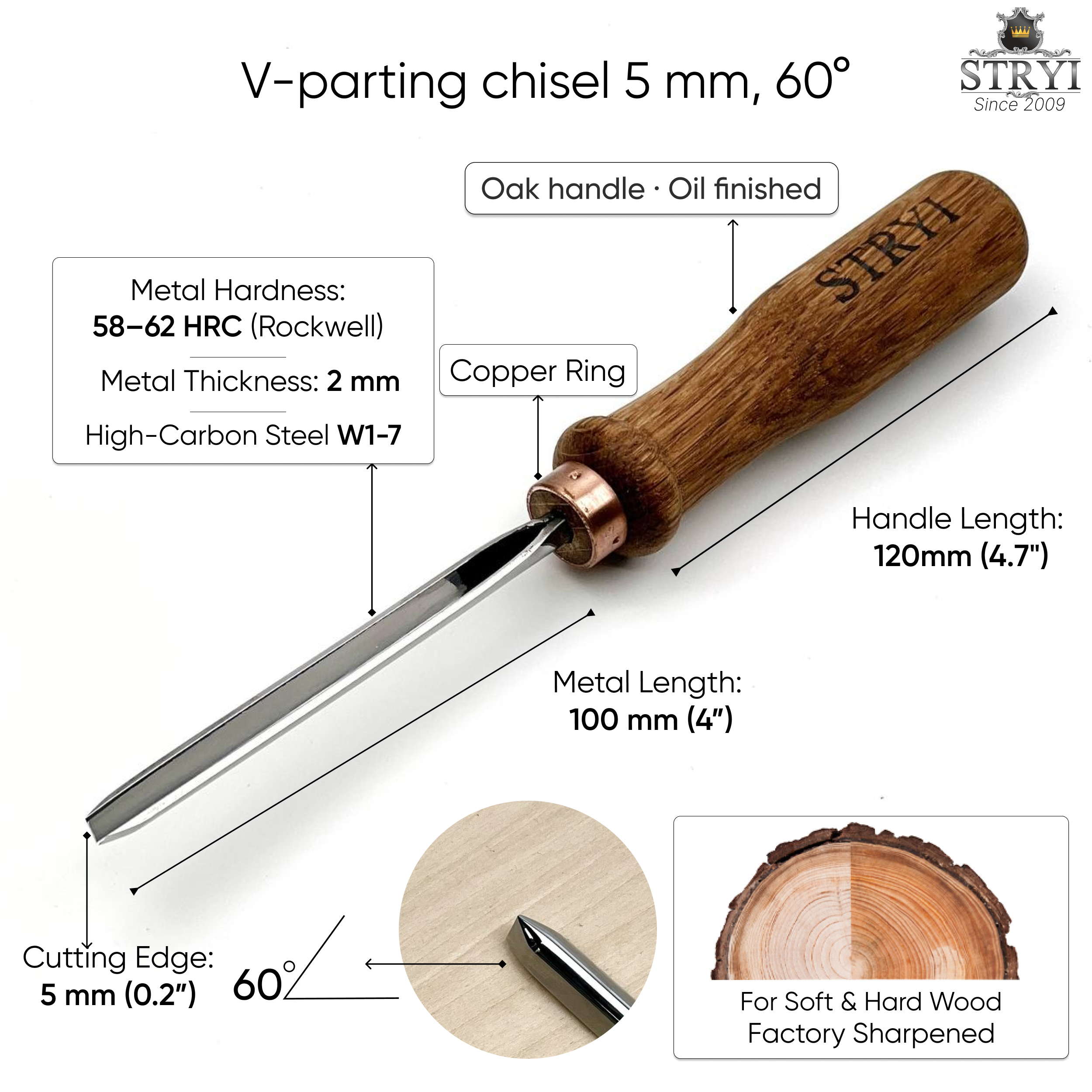 Geißbeitel 60 Grad, Bildhauereisen STRYI Profi, Geißwerkzeuge, Eckbeitel