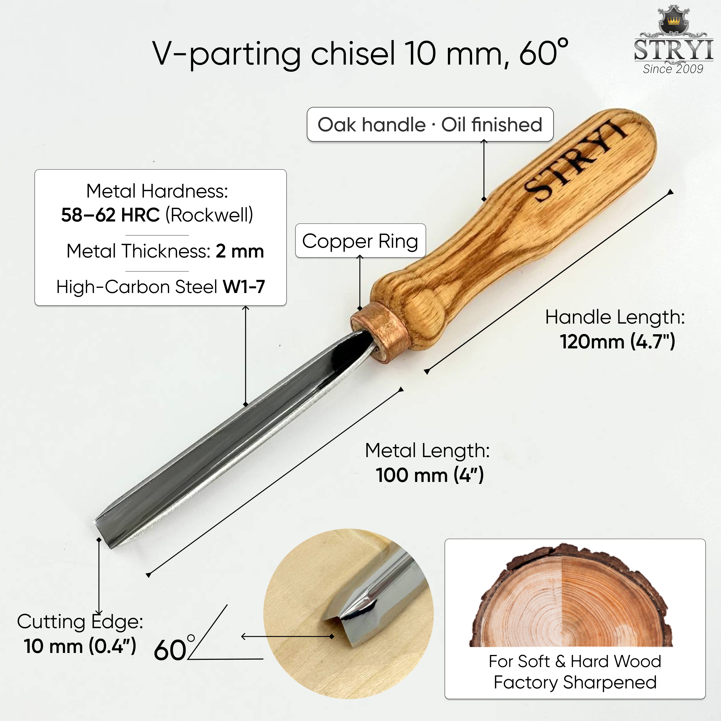 Geißbeitel 60 Grad, Bildhauereisen STRYI Profi, Geißwerkzeuge, Eckbeitel