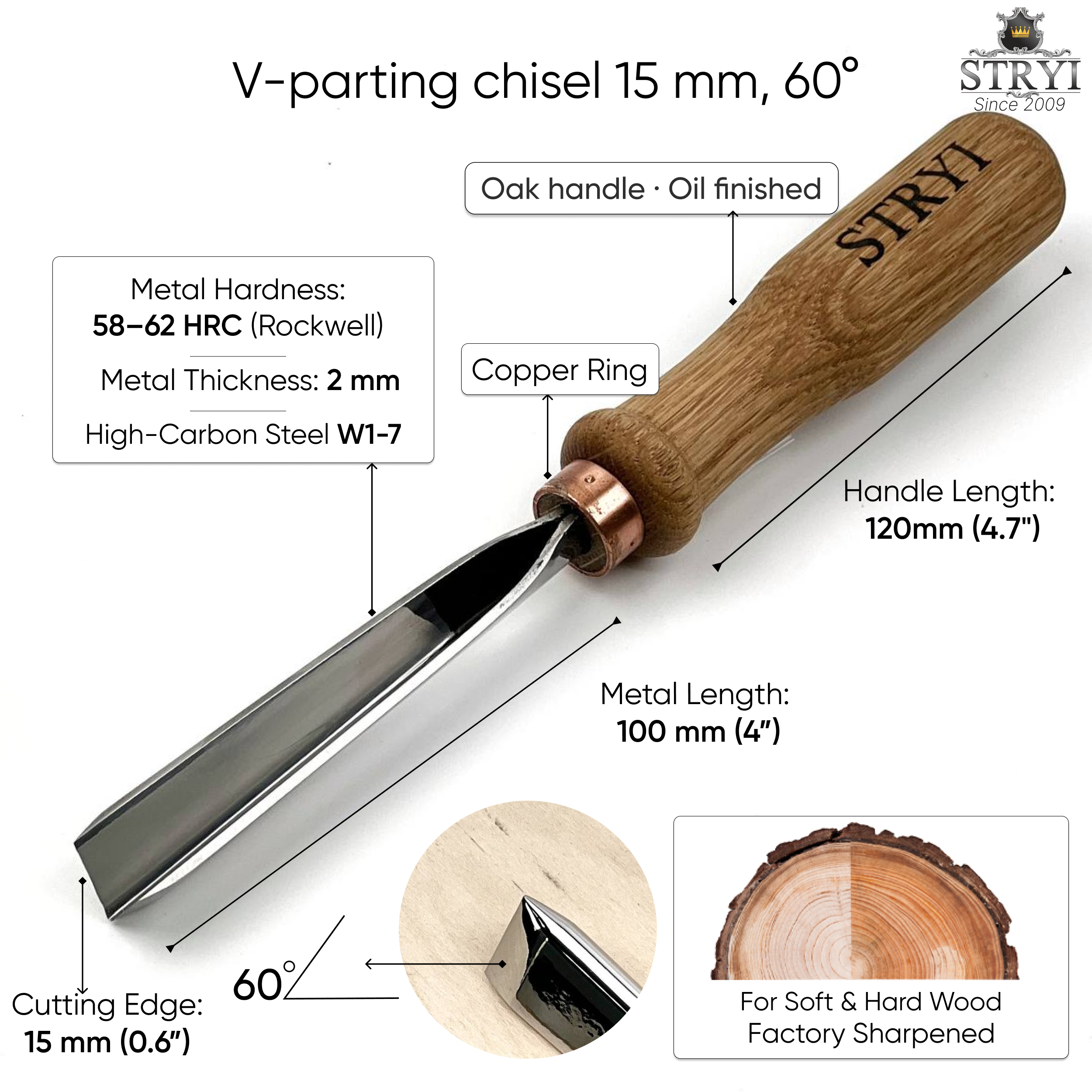 Geißbeitel 60 Grad, Bildhauereisen STRYI Profi, Geißwerkzeuge, Eckbeitel