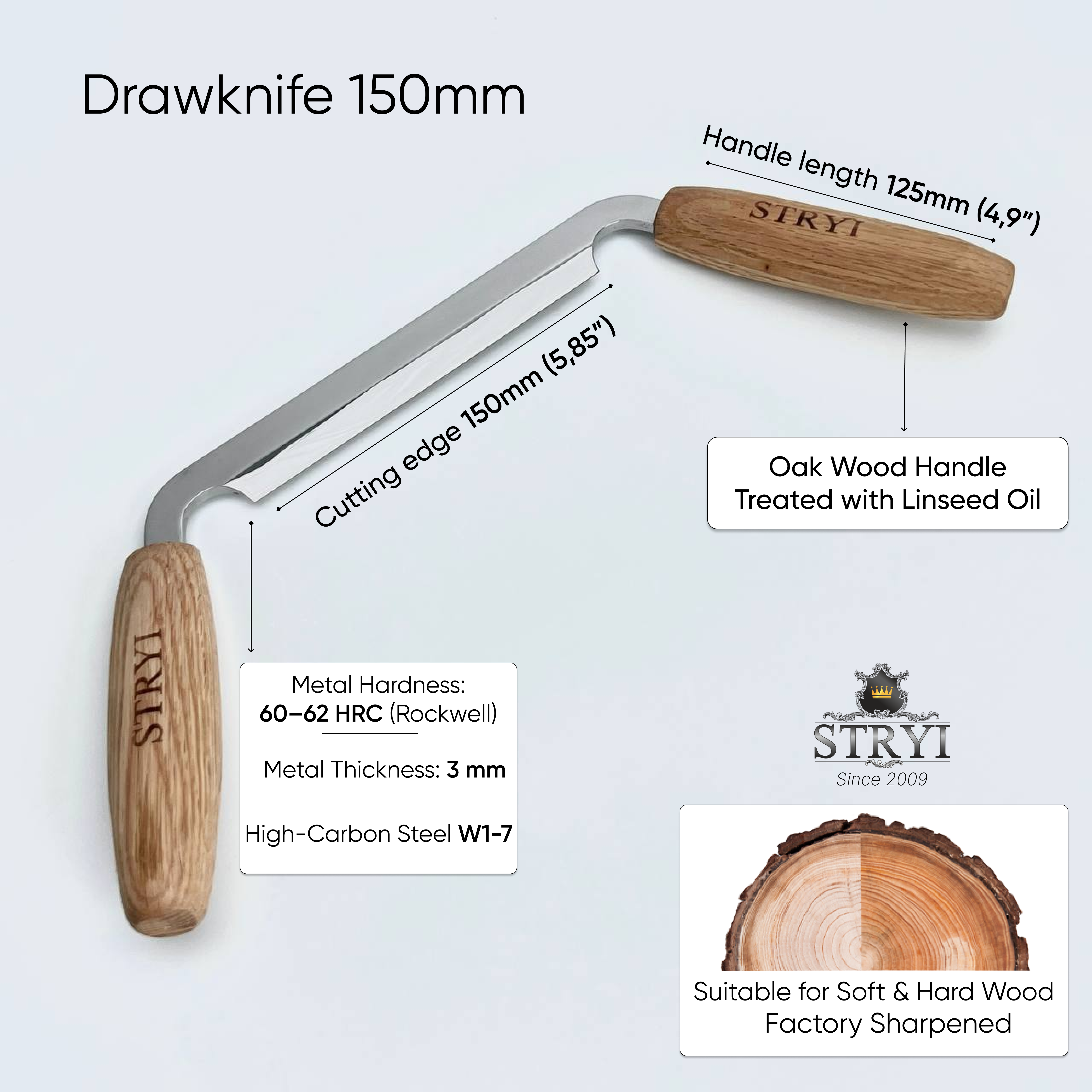 Drawknife STRYI Profi 150mm, Woodworking hand tool, Shaving knife for cutting wood