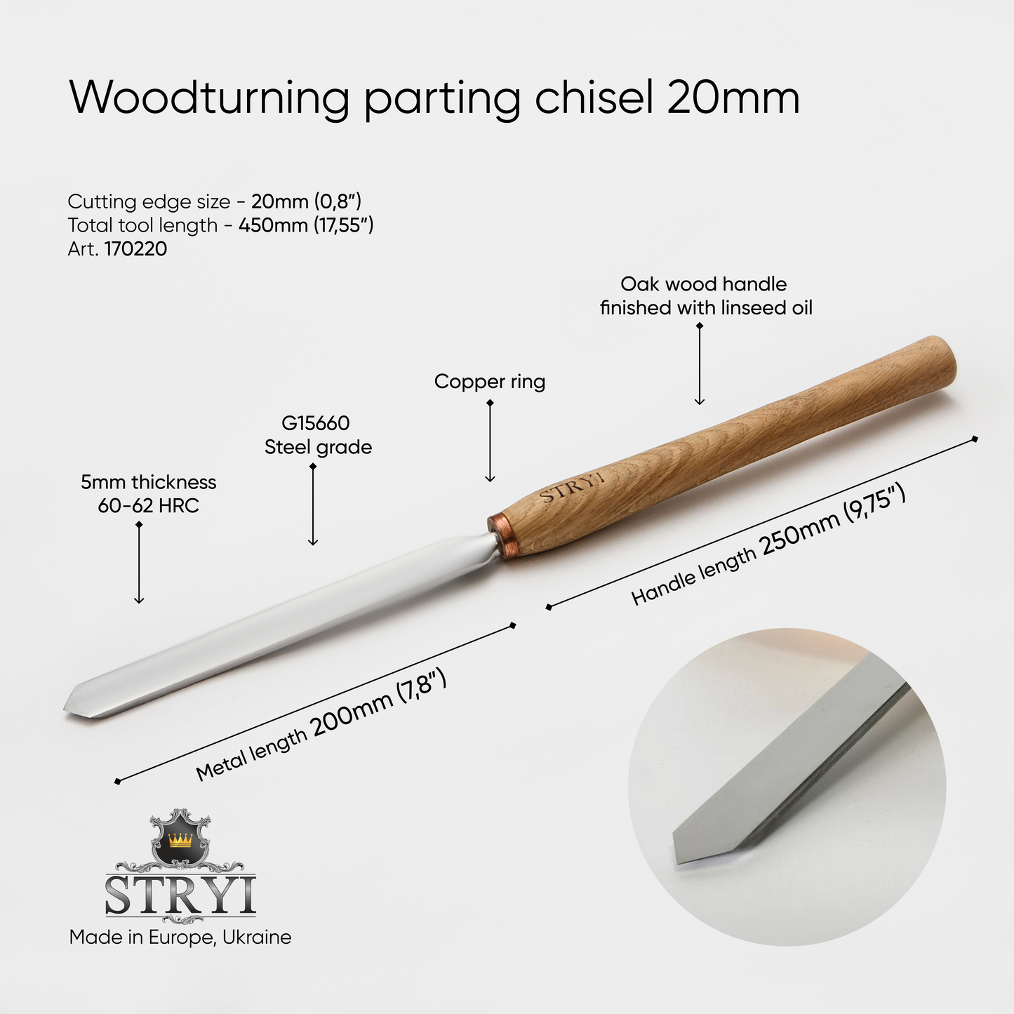 Herramienta de tronzar 20 mm, herramienta para tornear madera STRYI Profi