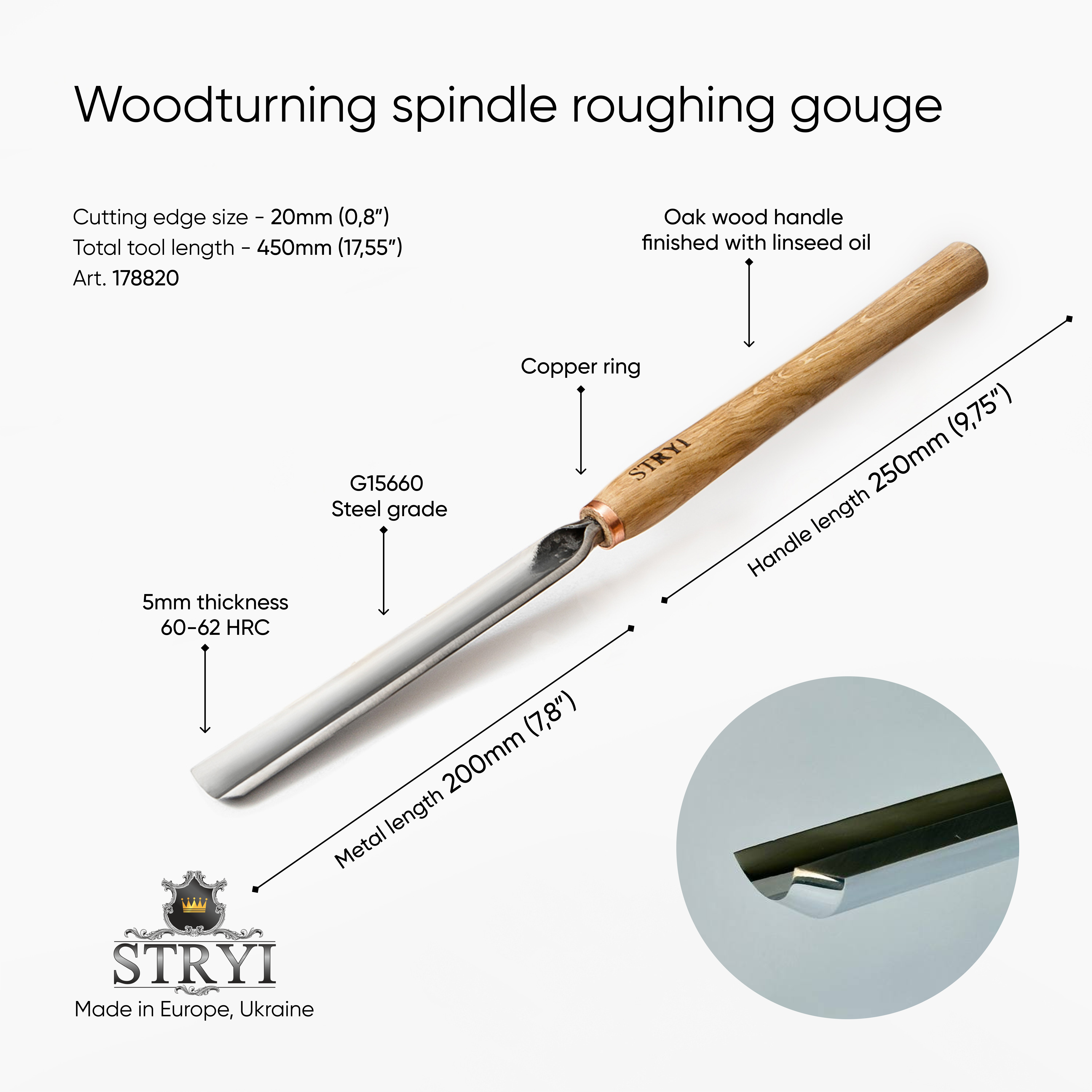 Spindle roughing gouge STRYI Profi 20mm, Lathe Wood Turning Tools