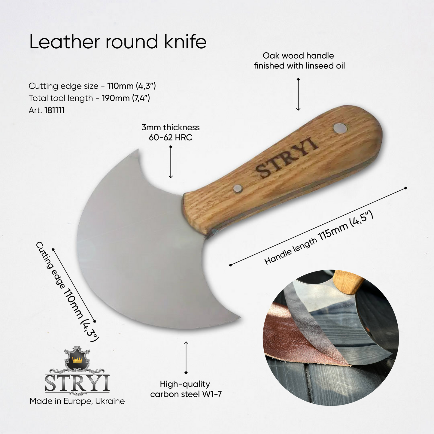 Leder-Rundmesser STRYI Profi 110 mm Durchmesser. Halbmondmesser.