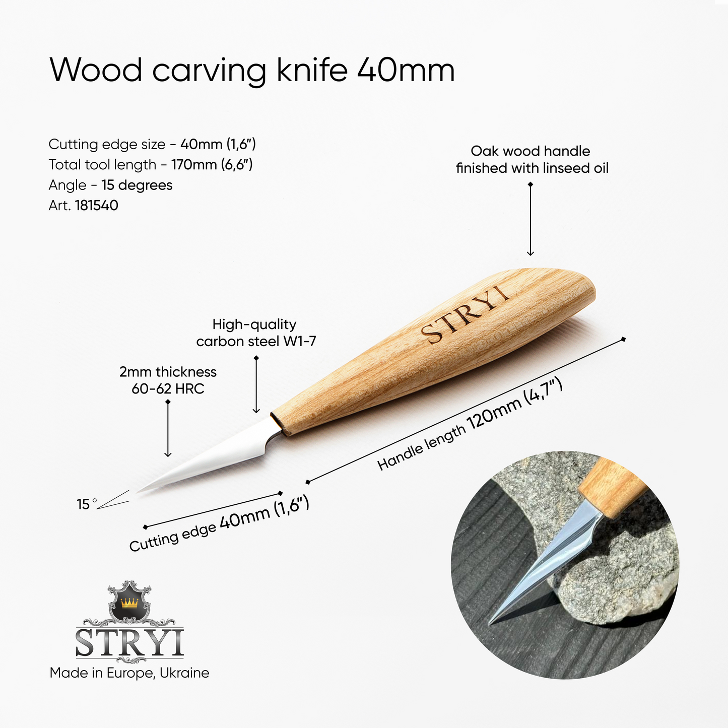 Holzschnitzmesser 40 mm STRYI Profi für detaillierte Schnitzereien
