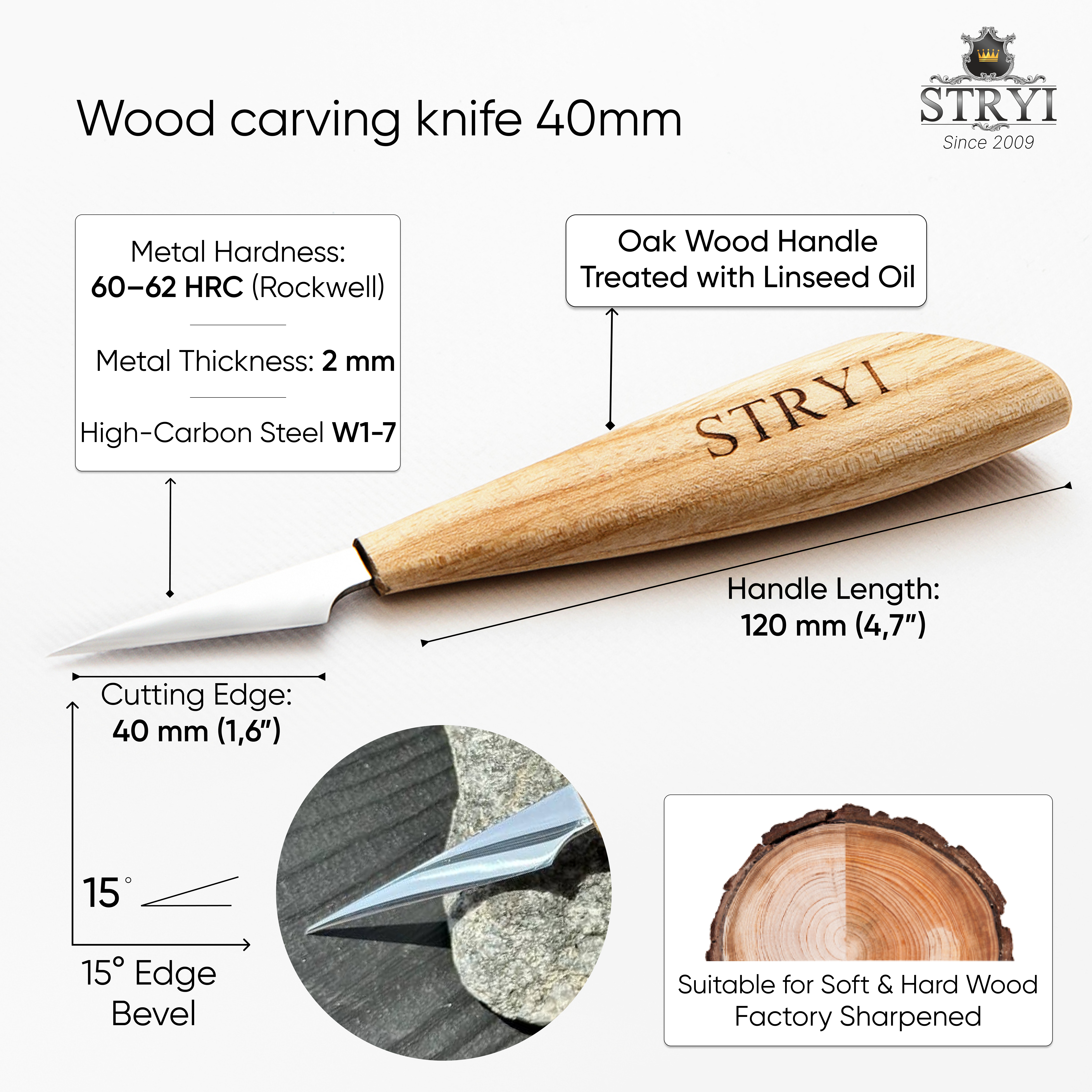 Wood carving knife 40mm STRYI Profi for detailed carving, Whittling knife, Sloyd knife