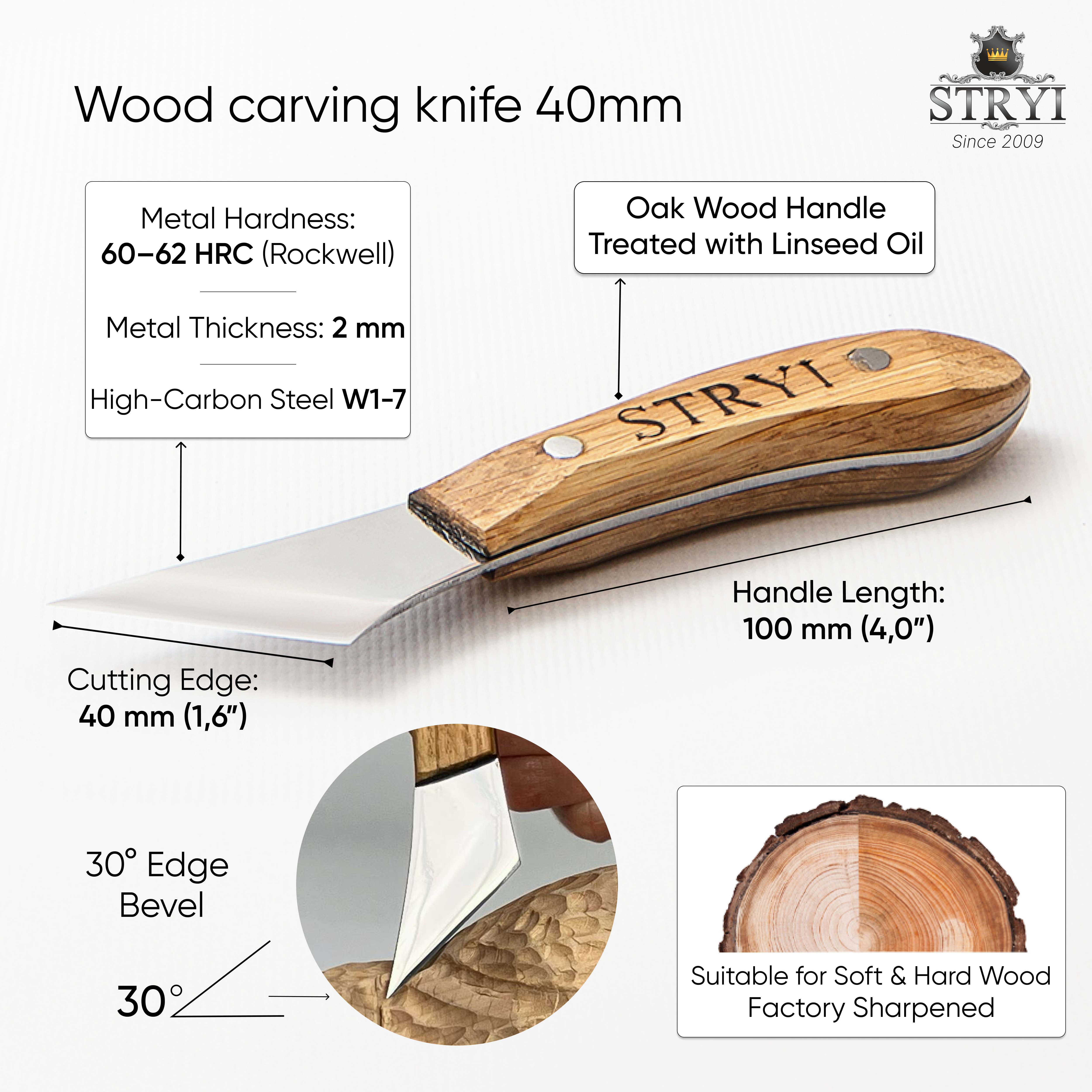 Figured carving knife for woodcarving 40mm STRYI Profi, Whittling knives, Sloyd knives, Knife for wooden jewelry