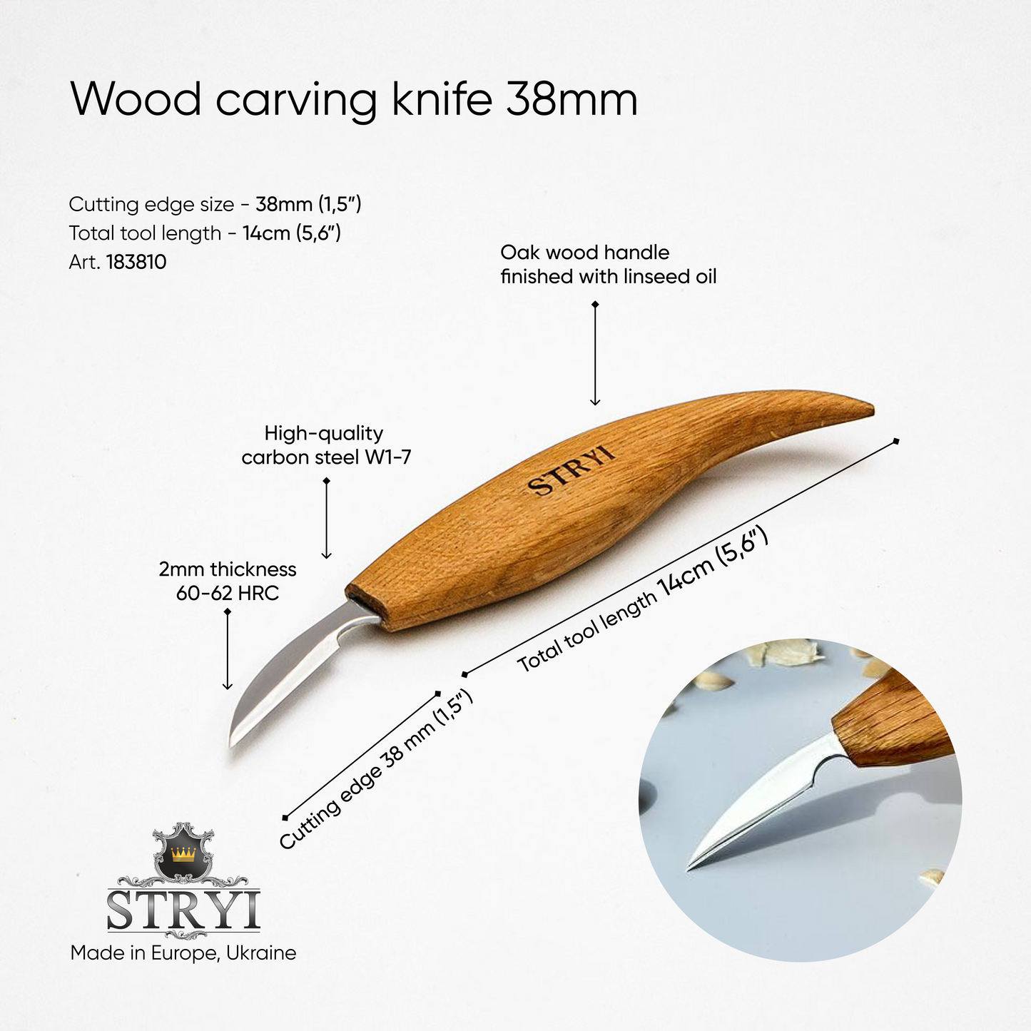 Chip and detailing carving knife 38mm STRYI Profi, Carving knives, Knife for woodcarving