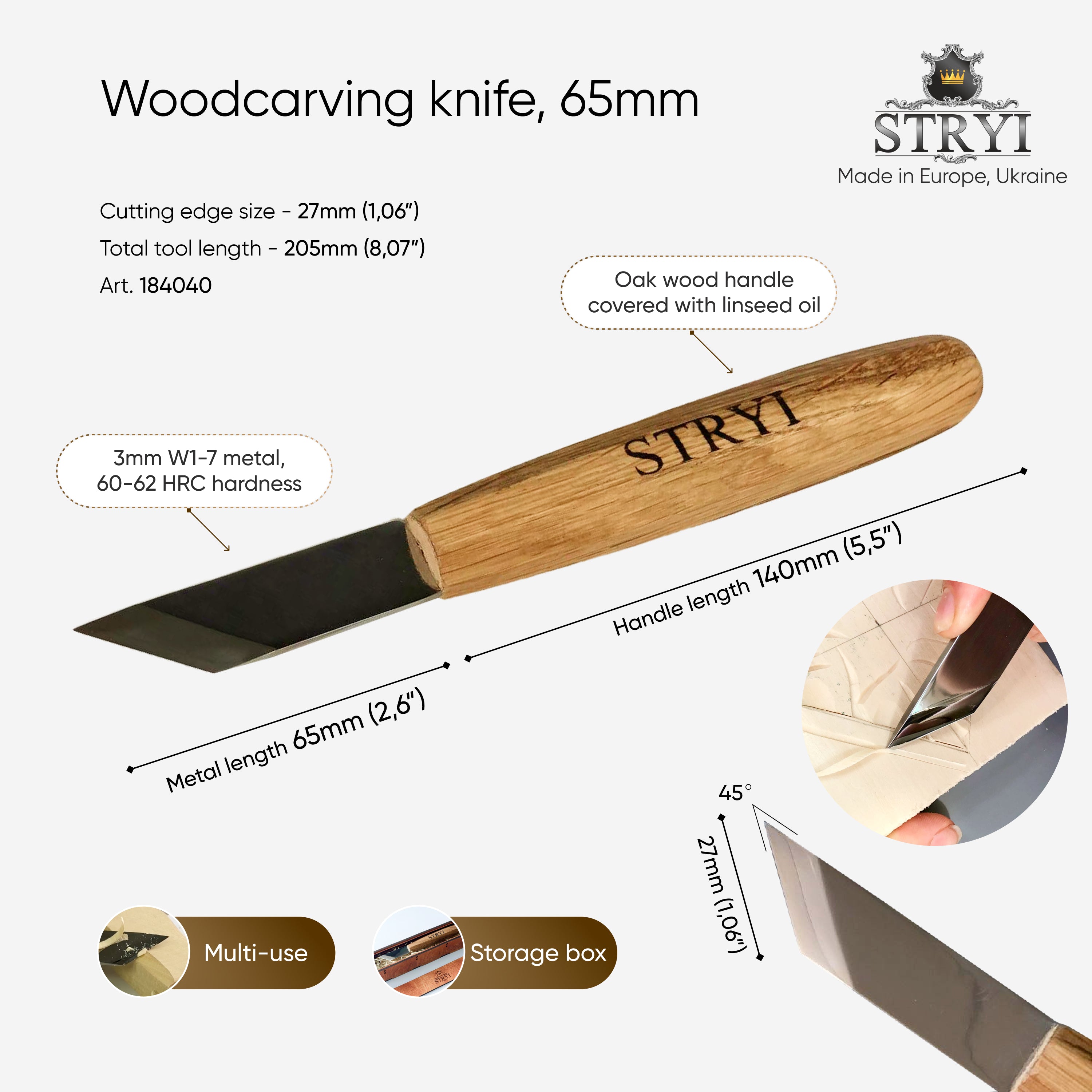 Wood carving knife STRYI Profi for relief, Chip carving knife, Skewed knife