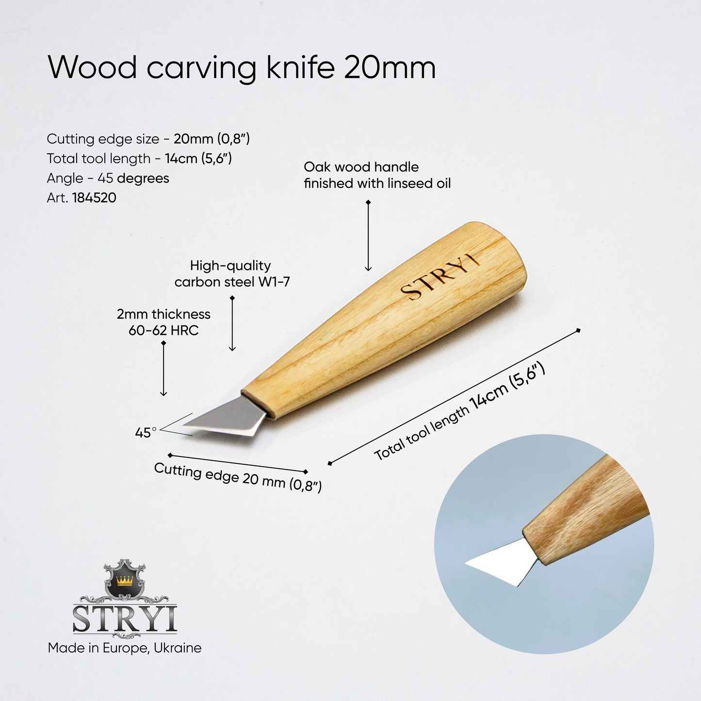 Chip carving knife 20mm STRYI Profi, Carving tools, Triangle knife, Chip carving tool