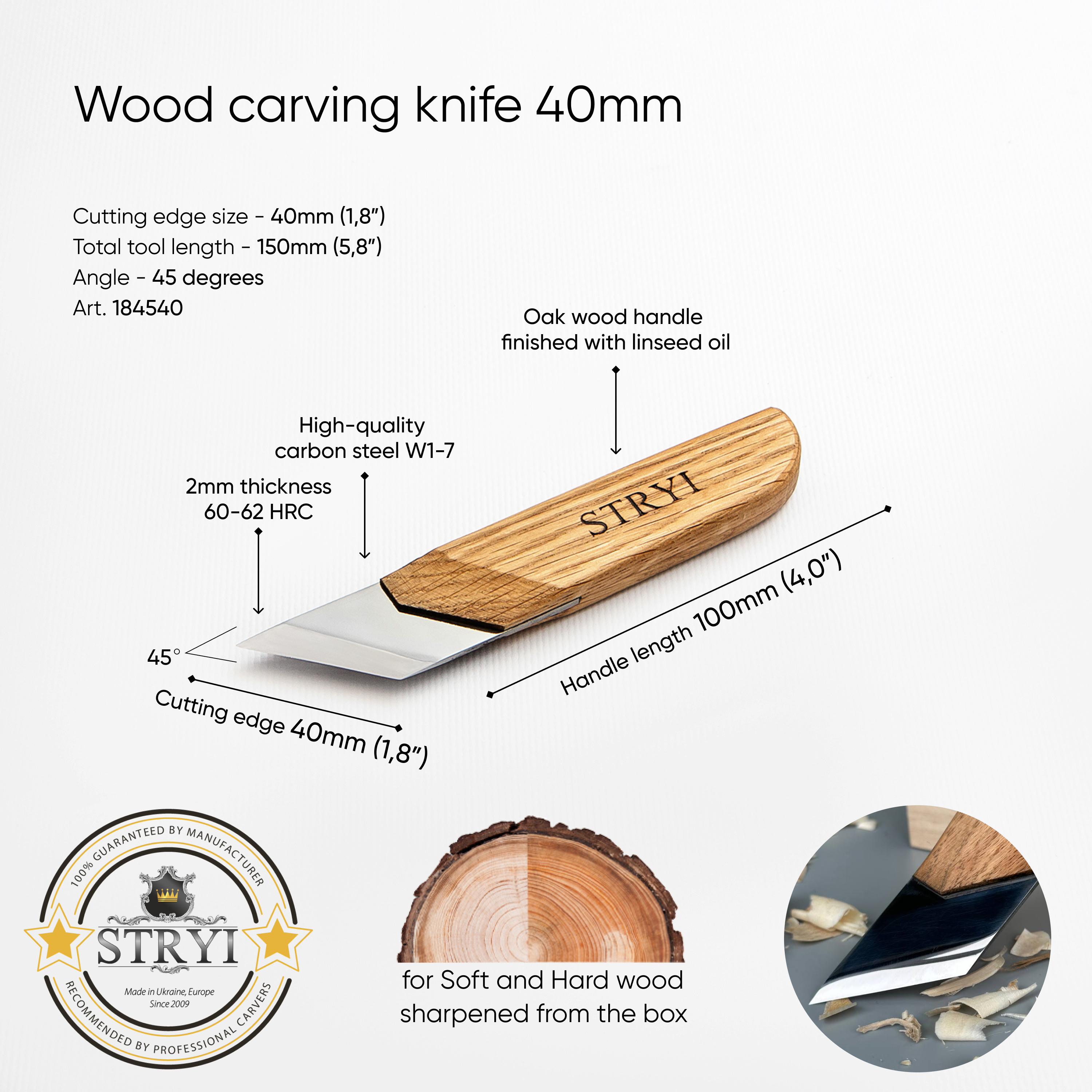 Wide carving knife,  carving knife 40mm STRYI Profi, Skewed knife, Knife for sculpting