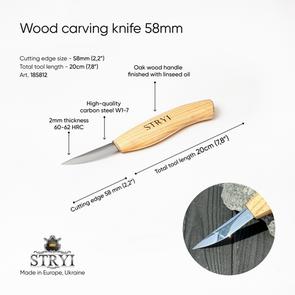 Whittling knife for wood carving 58mm STRYI Profi, Sloyd knife, Carving figurines, Carving knife